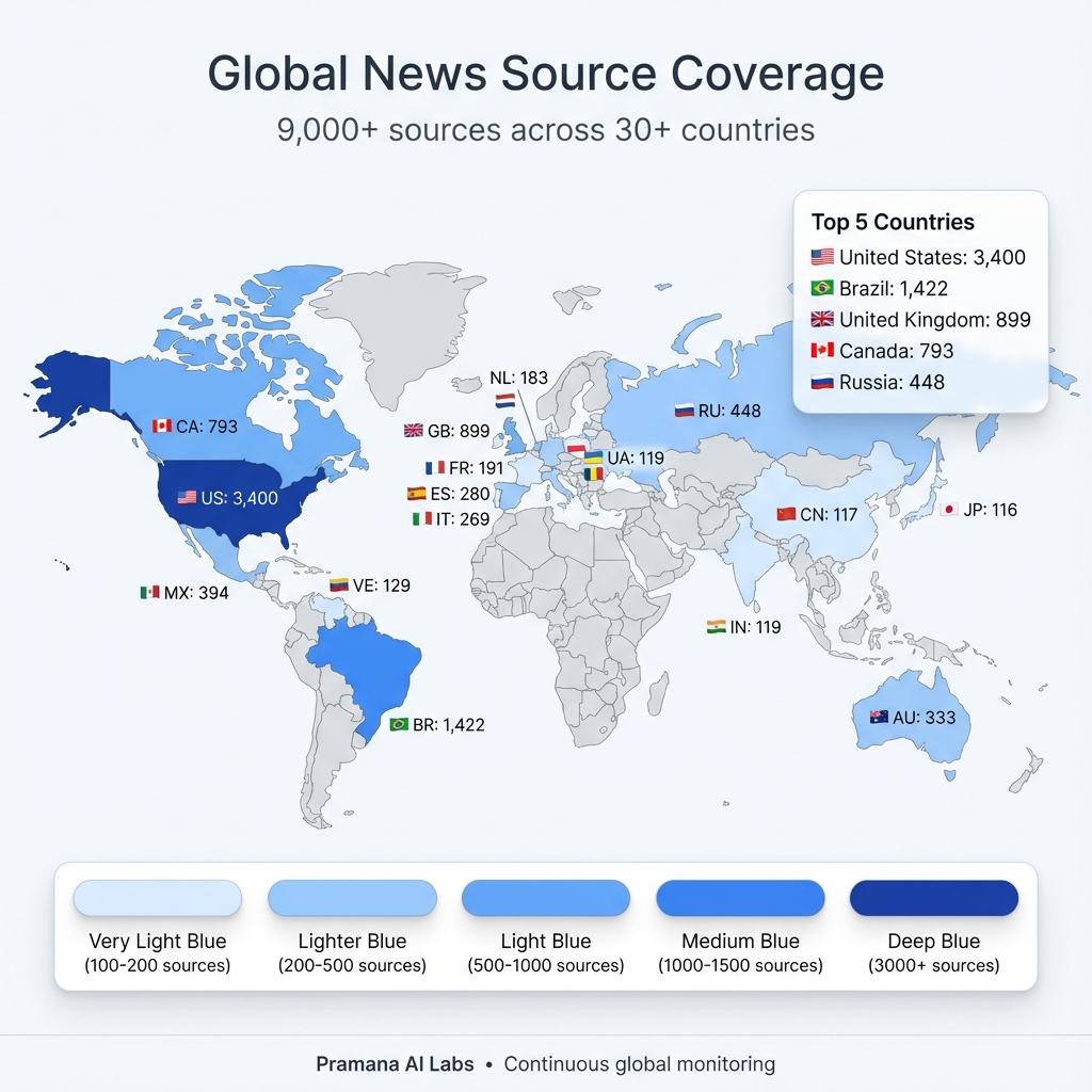 Global Coverage Map - 9,000+ sources across 30+ countries